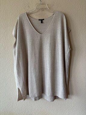 Eileen Fisher Beige Linen Sweater Top Cap Sleeve VNeck Oversized Comfort 2X